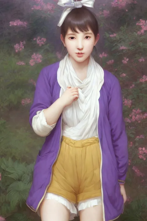 Image similar to Portrait of Eunha from Viviz and gFriend with short hair wearin purple overall shorts, short puffy pants, white tights, Golden Ribbon, and a billowy scarf. masterpiece 4k digital illustration by Ruan Jia and Mandy Jurgens and Artgerm and greg rutkowski and Alexander Tsaruk and WLOP and william-adolphe bouguereau, award winning, Artstation, art nouveau aesthetic, Alphonse Mucha background, intricate details, realistic, panoramic view, Hyperdetailed, 8k resolution, intricate art nouveau