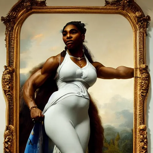 Image similar to Portrait of Serena Williams as Nike Goddess, large wings, luxuriant, dreamy, eternity, romantic, strong pose, highly detailed, in the style of Franz Xaver Winterhalter, highly detailed, in the style of Aetherpunk