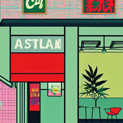 Image similar to taiwanese style cafe australian, decorated with cannabis pot plants 🪴 utopia frontage, pop art poster, beautiful colors pastel palette by will barnet