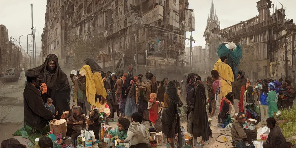 Prompt: street view photograph of reverend kim kardashian giving food rations to climate change migrants, graffiti art style, highly detailed, digital painting, artstation, concept art, dystopian, sharp focus, brutalist illustration, art by greg rutkowski and alphonse mucha, 8 k