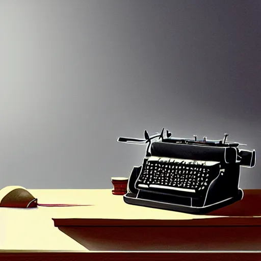 Image similar to painting of a typewriter on a desk in a dimly lit room, volumetric lighting, style of greg rutkowski