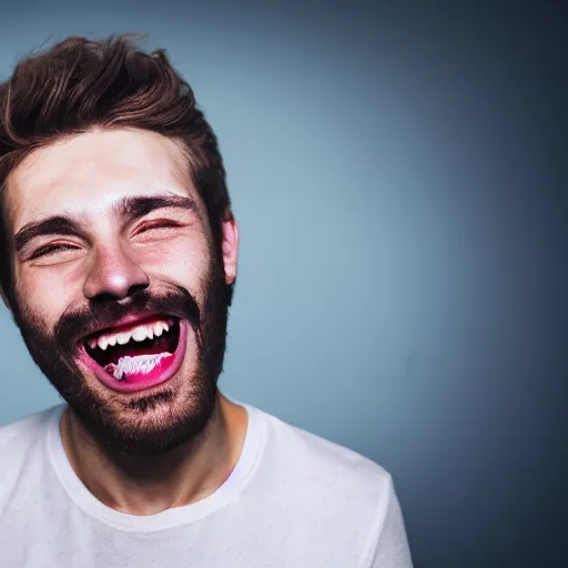 Prompt: photograph of smiling man with christian crosses inside his mouth, 8k resolution, high detail, ULTRA REALISTIC VFX, reflections