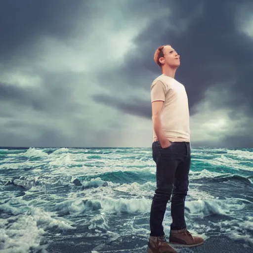 Image similar to young adult's head evaporizing, standing sideways in front of a rough sea, trippy sky