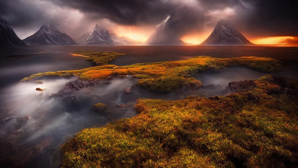 Image similar to amazing landscape photo by marc adamus, beautiful dramatic lighting