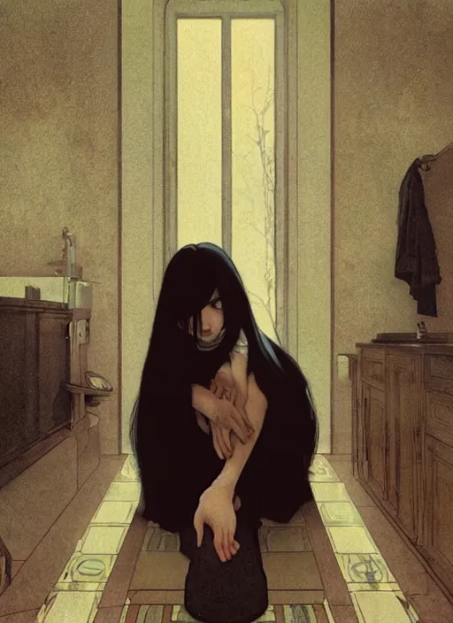 Image similar to a lonely young girl with straight long black hair wearing black dress that sitting on bathroom floor, art by artgem, greg rutkowski and alphonse mucha