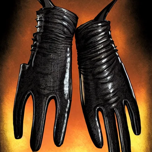 Image similar to gloves with metal claws, old leather gloves with attached talons, pointy fingertips, dark background, highly detailed, 8 k, trending on artstation, mystic, rpg artwork, by peter jackson, by sauron