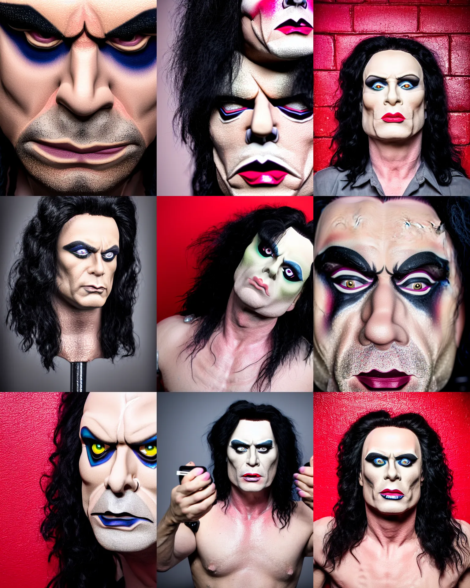 Prompt: closeup selfie portrait of tommy wiseau wearing drag queen makeup, downward somber expression, detailed face, enb, rugged details, inspired by kiko rodriguez and kyle lambert, 4 k, bright flash, masterpiece, post - processing, soft vignette, concrete brick background, 5 0 mm lens, bokeh, soft glow, 8 k blender render