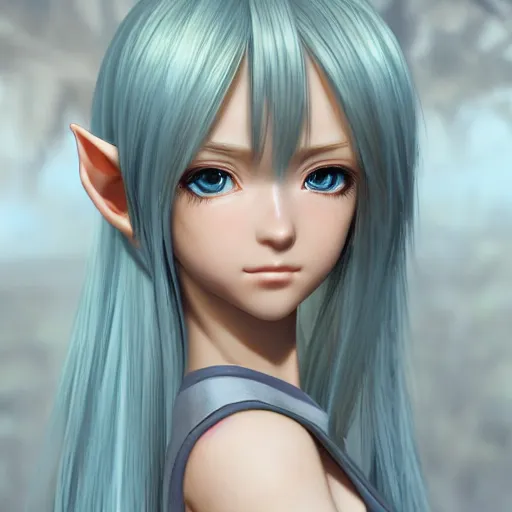 Image similar to UHD photorealistic anime, highly detailed beautiful gorgeous cute innocent young gentle elf princess in final fantasy style +(anatomically correct facial features + (highly detailed = silky blonde hair)+((highly detailed and anatomically correct (realistic and highly detailed + anatomically correct and accurately shaped stunning blue=eyes),highly detailed and anatomically correct nose, highly detailed and anatomically correct lips)))) by Ruan Jia, Fenghua Zhong, and Ferdinand Knab