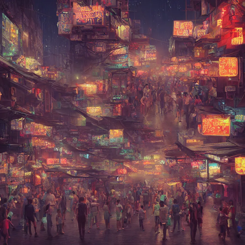 Prompt: A beautiful hyper realistic detailed matte painting of an alleyway night market with dimmed neon lighting , trending on artstation, artstationHD, artstationHQ, unreal engine