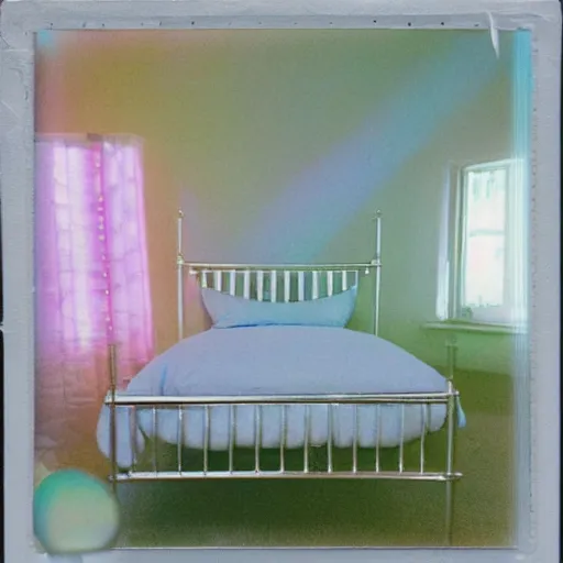 Image similar to a pastel coloured Polaroid photo of a bed made of transparent iridescent perspex stood in a field, beams of light, nostalgic