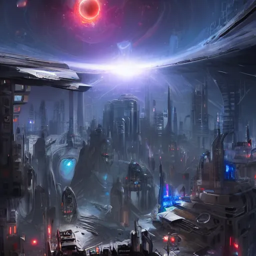 Image similar to black hole rising above city, city destroyed by shockwave, black hole with accretion disс, digital art, art by tyler edlin, finnian macmanus