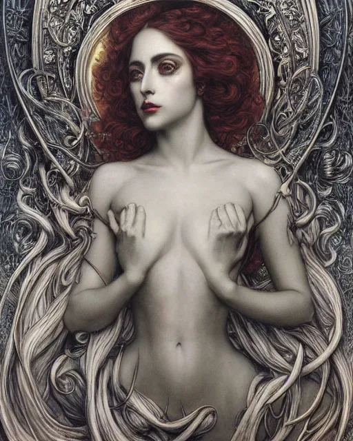 Image similar to in the style of beautiful lady gaga steampunk, detailed and intricate by jean delville, gustave dore and marco mazzoni, art nouveau, symbolist, visionary, gothic, pre - raphaelite