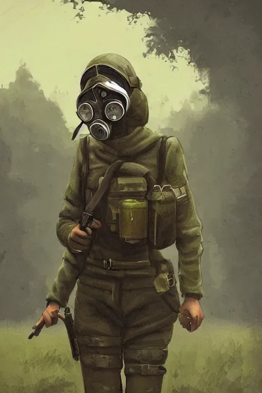 Image similar to medieval british sas female operative with the standard s 1 0 gas mask and the black uniform, artstation, trending on artstation, establishing shot, by simon stalenhag