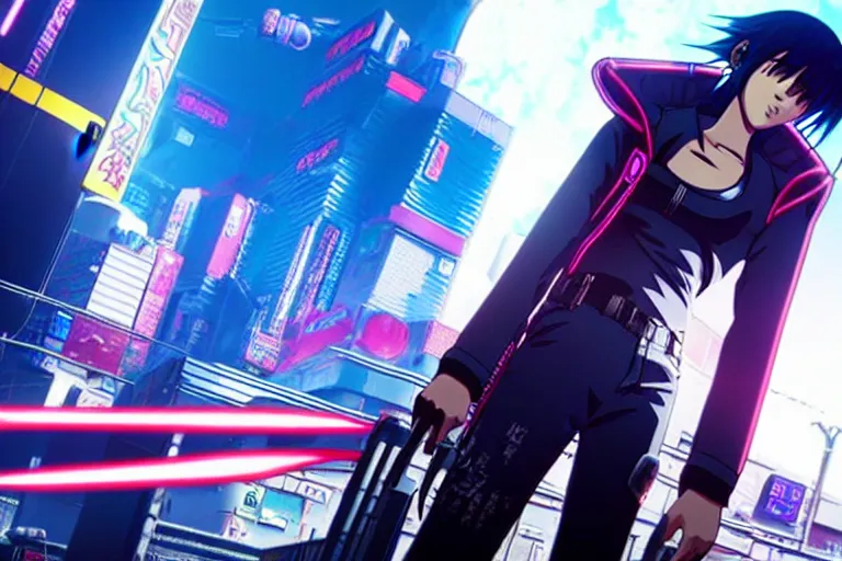 Image similar to anime cyberpunk 2077 anime series screenshot, perfect faces, fine details