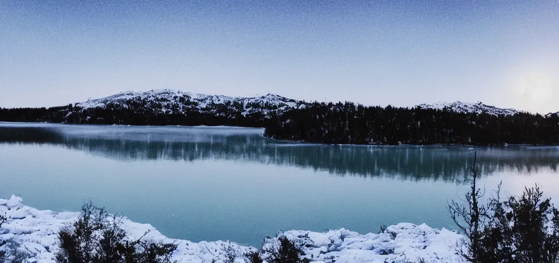 Prompt: lake in a totally white place with a moon