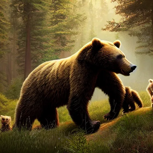 Image similar to wild bear with cubs the forest, tone mapping, akihiko yoshida, james jean, andrei riabovitchev, marc simonetti, digital illustration, greg rutowski, high key lighting, volumetric lighting, digital art, highly detailed, intricate, ornate, complex, octane render, photorealistic