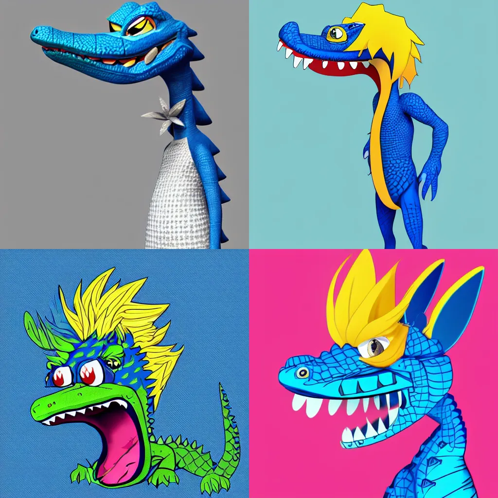 Prompt: anthropomorphic blue alligator with blonde hair, digital art, trending on Artstation
