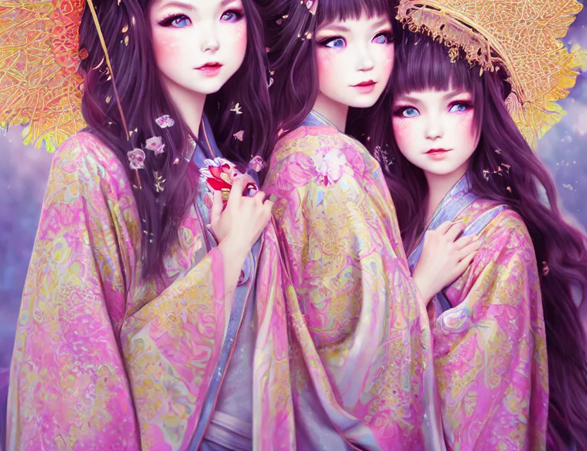 Image similar to two beautiful fashion siberian girls wear fantasy kimono in festival | | big eyes, sunny, dreamlike art, realistic shaded, smile, good looking, hyper details, 4 k realistic, cryengine, realistic shaded lighting poster by artgerm, ross tran, fuji choko, loish, 8 k resolution, trending on artstation, luxury