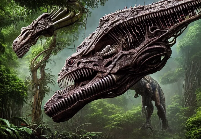 Image similar to extremely detailed. full body pictures of a gem - toned cybernetic tyrannosaurus rex engine. iridescent biomechanical giger ’ s xenomorph. the thing. detailed and intricate environment, wide angle, hyperrealism, plants and jungle, detailed and intricate environment, reflective, dynamic lighting, studio ghibli, 8 k