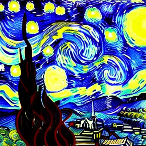 Image similar to a painting of a starry night over a martian cooling by vincent van gogh, featured on pixiv, futurism, sci - fi, post - impressionism, impressionism, painterly, detailed painting