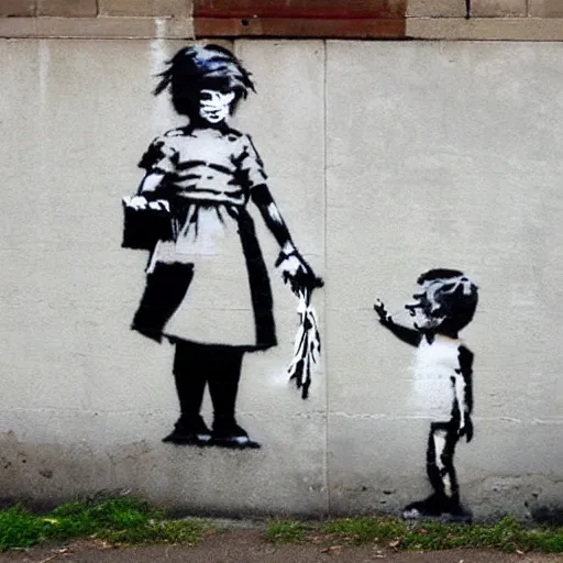 Prompt: banksy street art about being shy and unable to express