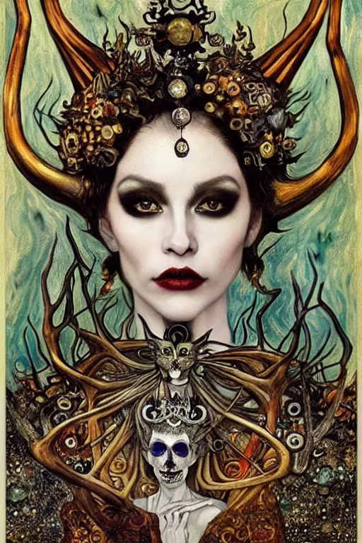 Image similar to The Queen of Bones by Karol Bak, Jean Deville, Gustav Klimt, and Vincent Van Gogh, portrait of a majestic demonic queen, beautiful vampire queen, jade green cat eyes on fire, mystic eye, otherworldly, crown made of bones, antlers, horns, ornate jeweled crown, skull, fractal structures, arcane, inscribed runes, infernal relics, ornate gilded medieval icon, third eye, spirals, rich deep moody colors