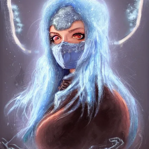 Image similar to art, bandit from ‘ icewind dale ’ and ‘ icewind dale heart of winter ’, with a frost blue gem mask lined with copper, ‘ icewind dale 2 ’ profile portrait by ‘ justin sweet ’, falling snow, soft focus, illustration, oil paint, trending artstation