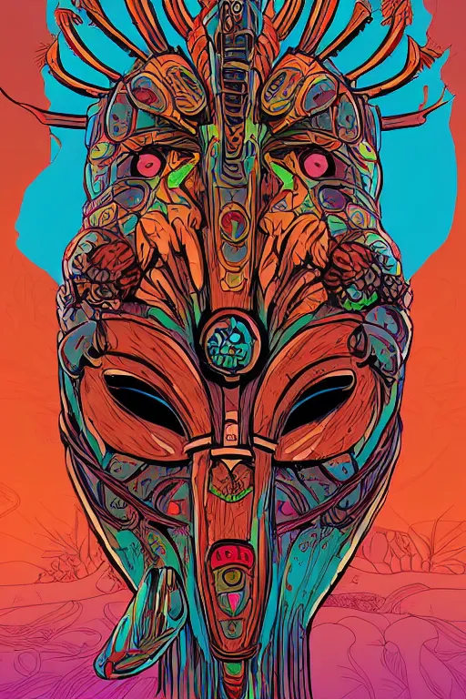 Image similar to animal mask totem roots flower tribal feather gemstone plant wood rock shaman vodoo video game vector cutout illustration vivid multicolor borderlands comics by josan gonzales and dan mumford radiating a glowing aura