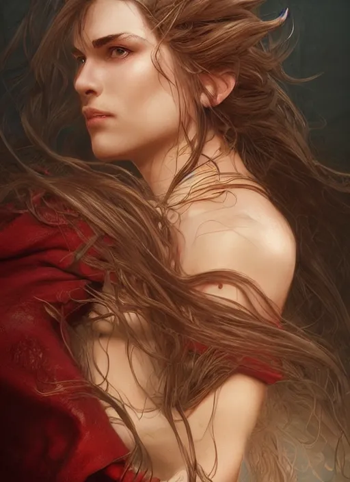 Image similar to portrait of a ruggedly handsome female cleric, soft hair, close - up face, leather, witchy, d & d, fantasy, intricate, elegant, highly detailed, digital painting, artstation, concept art, smooth, sharp focus, illustration, art by artgerm and greg rutkowski and alphonse mucha, plain red background