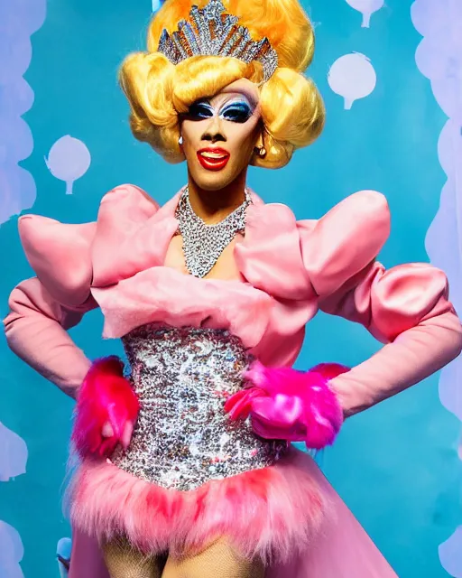 Prompt: 4k photograph of a fabulous drag queen dressed up like princess peach, 💋 💄 👠 , ru paul\'s drag race, fashion photography, drag queen man in princess costume