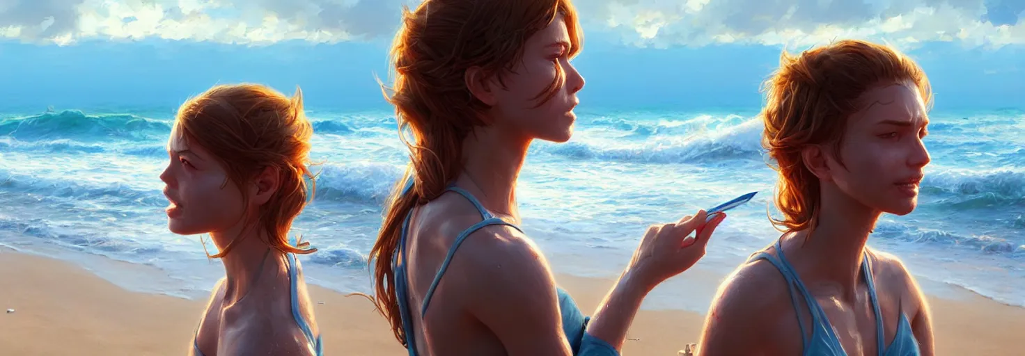 Prompt: bright sunny day on a beach, boats washed ashore, soft warm lighting, highly detailed, digital painting, trending on artstation, sharp focus, illustration, art by artgerm and greg rutkowski and magali villeneuve