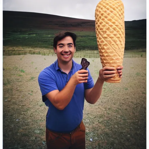 Image similar to a man holding an ice cream cone with a moai 🗿 in it, 4 k photograph