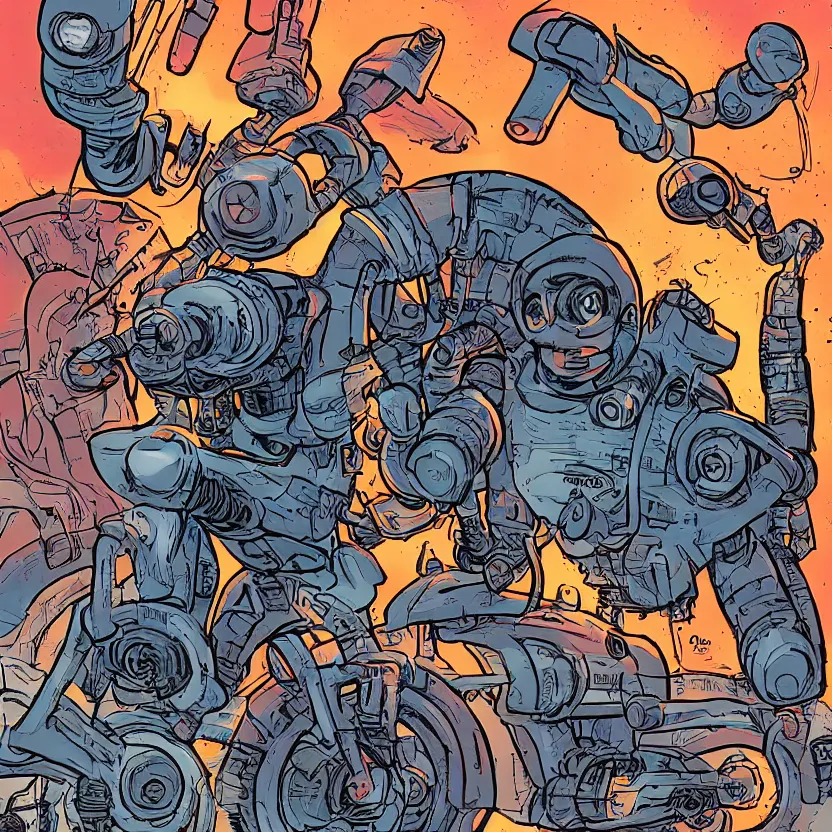 Image similar to scifi impressionist comic book cover art inspired by tim doyle, robot bike messenger