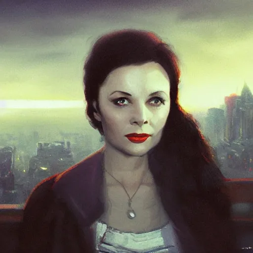 Image similar to a closeup portrait of a young vivian leigh, 1 9 7 0 s, city background, gorgeous view, sunset, film noir, depth, by seb mckinnon, by greg rutkowski, by igor kieryluk, digital art, trending on artstation