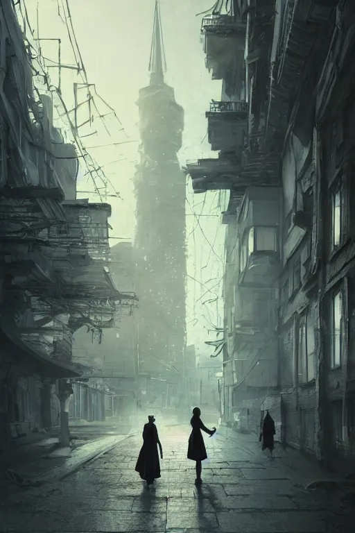 Prompt: a woman in a lace dress and thigh highs walking in a dark soviet city, digital illustration, beautiful face, volumetric, by makoto shinkai, by yoshitaka amano, by greg rutkowski, by dan mumford, highly detailed, composition, 4 k, forward facing pose, detailed street, photorealism, octane render