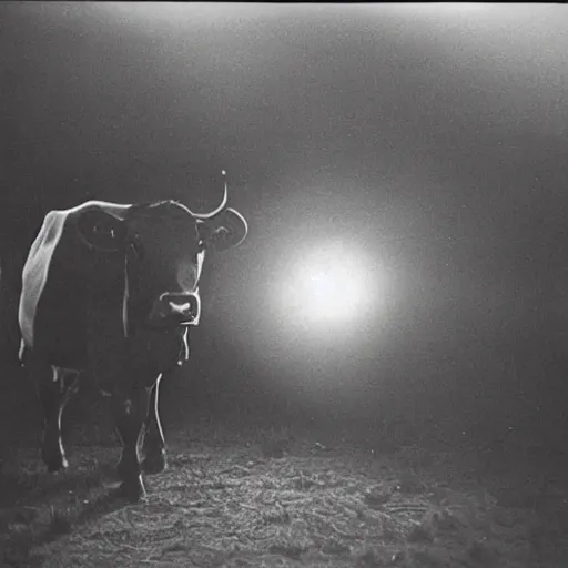 Prompt: vintage photograph from the 1 9 3 0 s of a cow being beamed up by aliens