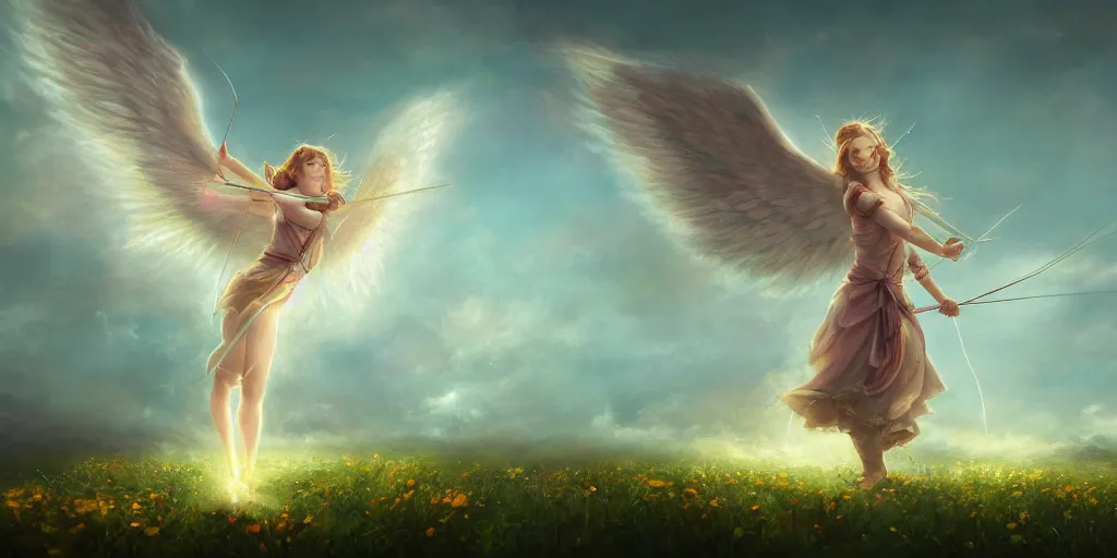 Image similar to An angel with beautiful face shooting luminous arrows with a bow on a country landscape covered with flowers, inspired by Amandine Van Ray, Christophe Vacher, trending on artstation, heavenly colors, volumetric lighting