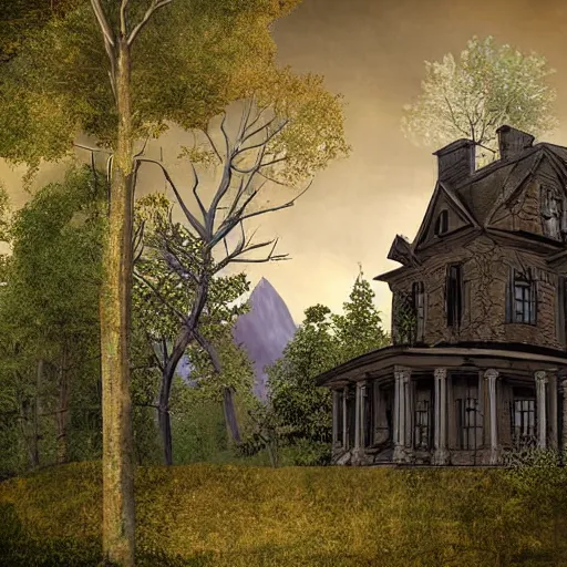 Image similar to digital art of a spooky mansion in the woods with mountains in the back, a trail leads to the doors. amy weber, andi rusu, Dan Frazier