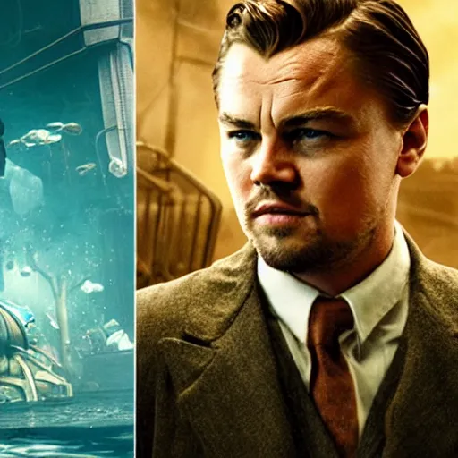 Prompt: cinematic photo of andrew ryan, portrayed by leonardo dicaprio, in a new live - action bioshock movie. the underwater city of rapture is seen shining in the background