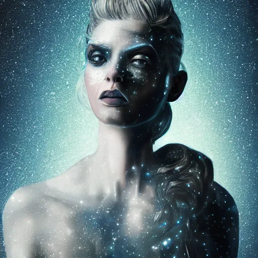 Prompt: woman portrait made out of galaxies, beautiful, cyborg, tim burton comic book art, realistic, highly detailed, octane render