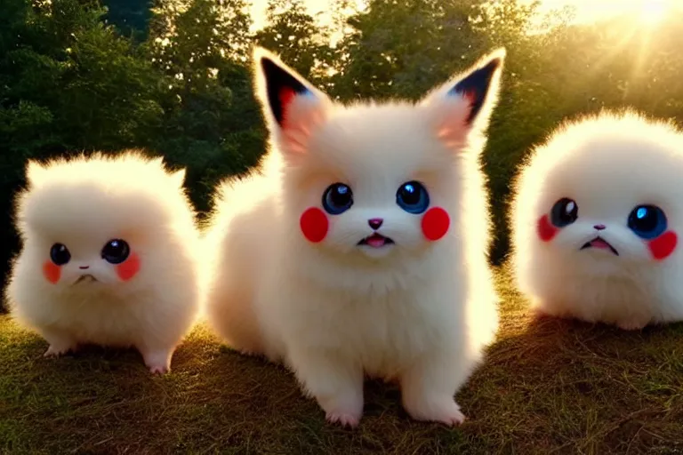 Image similar to real life pokemons, cute!!!, content!!!, mischievous!!!, adorable!!!, little furballs, fluffy!!!, ultra realistic!!!, golden hour, sharp focus