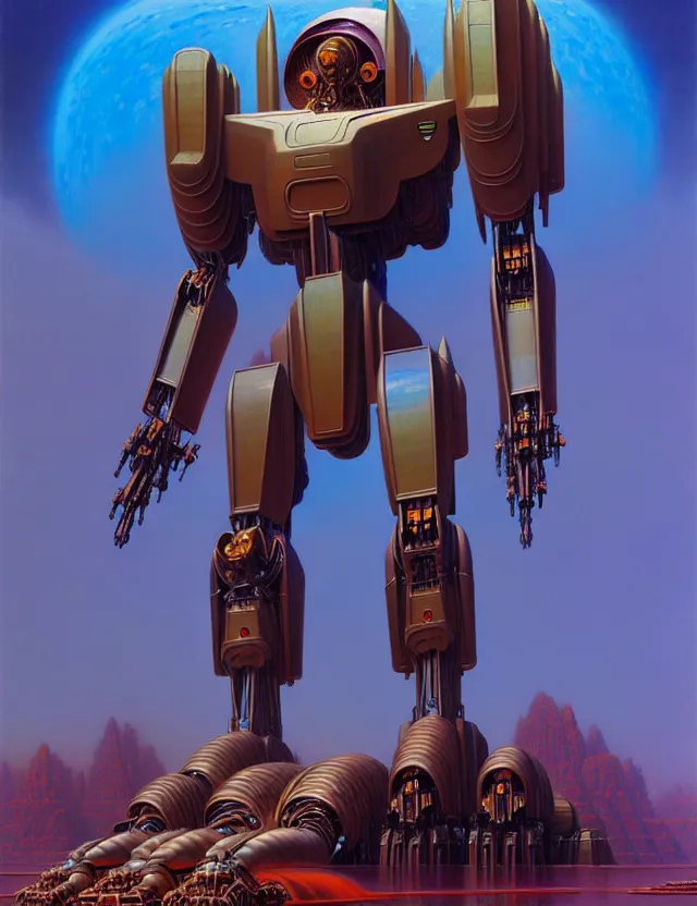 Prompt: a giant art deco mecha, tim hildebrandt, wayne barlowe, bruce pennington, donato giancola, trending on artstation, cinematic composition, beautiful lighting, hyper detailed, 8 k, oil on canvas