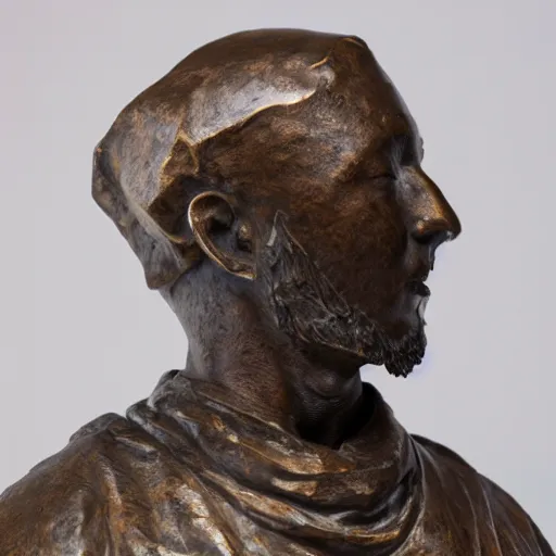 Image similar to detailed photo of an old bronze patina statue of a khamzat chimaev bust, intricate detail, museum lighting
