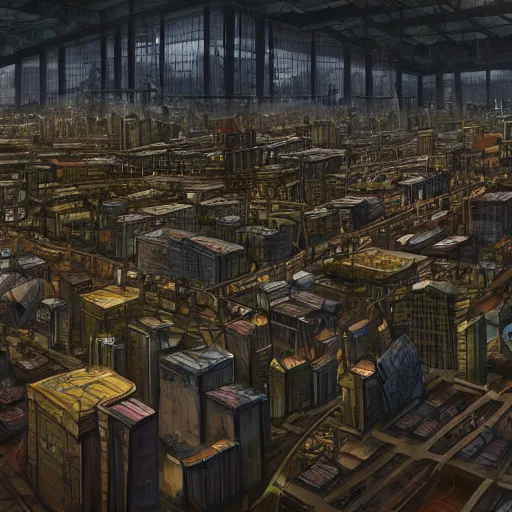Prompt: large group people in a huge warehouse, looking at a tabletop city | cinematic concept art | godrays | 4 k | clear details | tabletop | tabletop city foreground