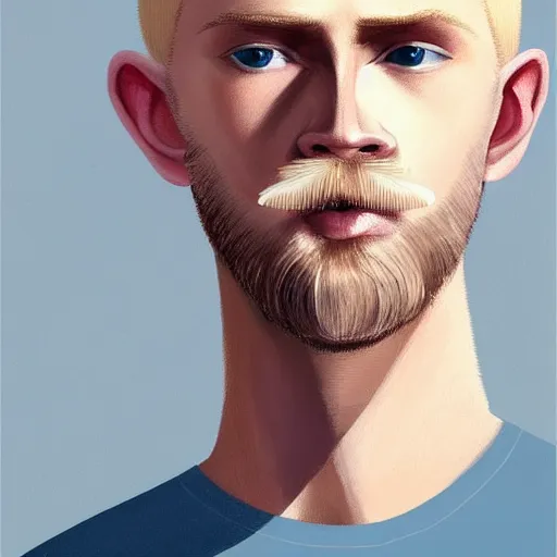 Prompt: thin blond man with blond hair long on top short down the sides, blond beard, small chin, thin nose, thin lips, english heritage, small blue eyes, small ears, pale skin, narrow face, digital art, painterly, cartoon, cute, 8k, illustration, art by loish, painterly, trending on artstation, medium shot, uncropped