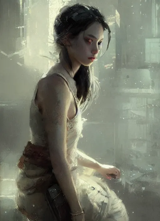 Image similar to female geshia girl, beautiful face, rule of thirds, intricate outfit, spotlight, digital painting, by greg rutkowski, by jeremy mann,