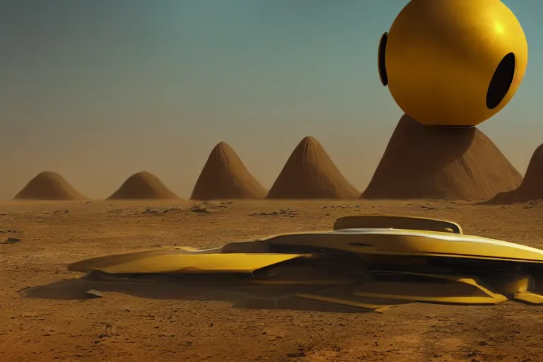 Image similar to a yellow african futuristic spaceship on a desert planet, science - fiction, matte painting