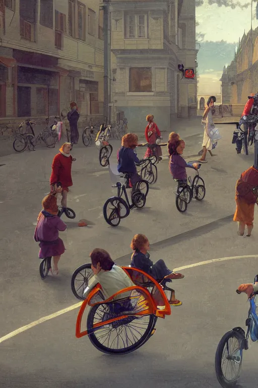 Image similar to schoolchildren go for distillation on flying bicycles, driving at the red light of the traffic light, through the streets of moscow of the future, highly detailed, artstation, illustration, jurgens, rutkowski, bouguereau, canon eos r 3