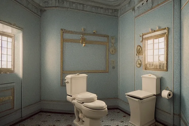 Image similar to hyperrealism aesthetic photography of detailed gigantic toilet in surreal scene from detailed art house movie in style of denis villeneuve and wes anderson