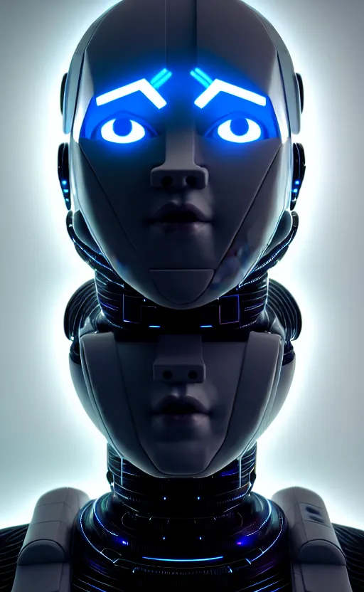 Image similar to friendly humanoid cyber robot, award winning, portrait bust, symmetry, faded colors, cypherpunk background, alan blackwell, masterpiece, trending on artstation, cinematic composition, beautiful lighting, hyper detailed!!!, 8 k, unreal engine 5
